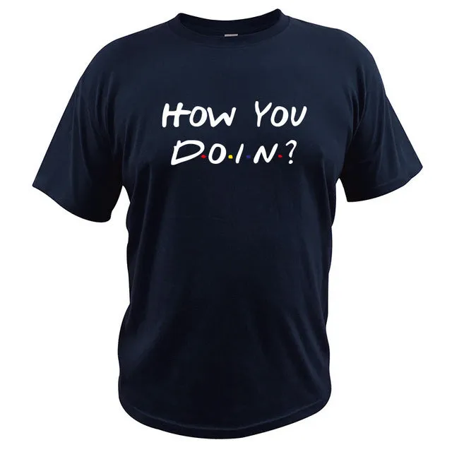 How You Doin t-shirt in black, short sleeve slim fit with bold letter print front view