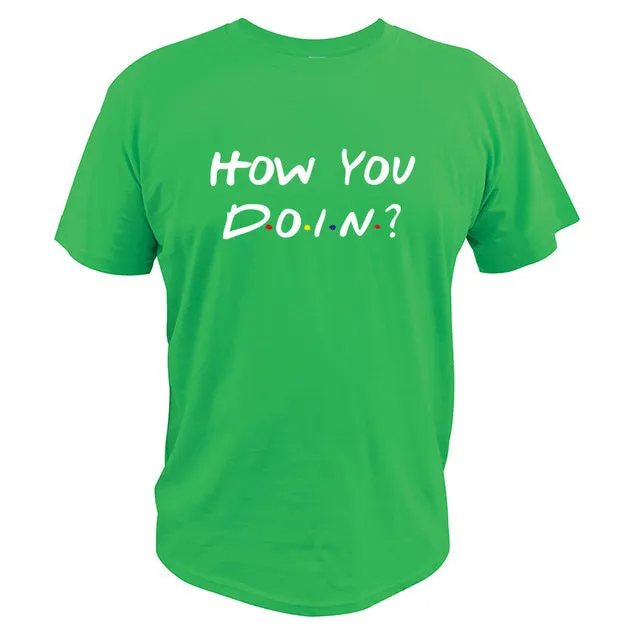 How You Doin t-shirt in black, short sleeve slim fit with bold letter print front view