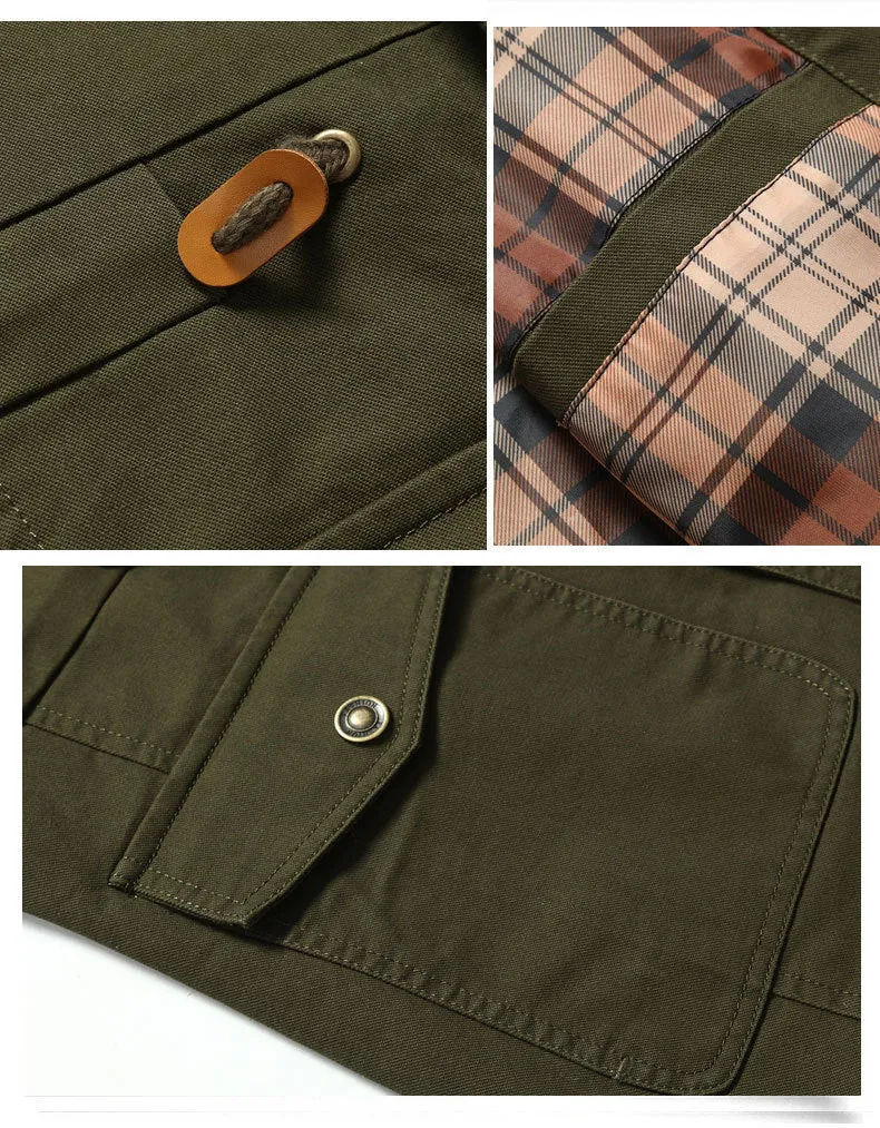 Military style mid length jacket in khaki with cardigan front and polyester fibre fabric