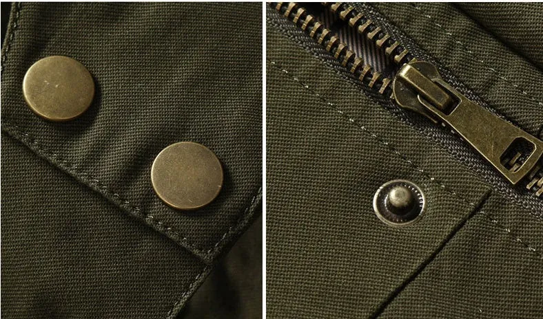 Military style mid length jacket in khaki with cardigan front and polyester fibre fabric