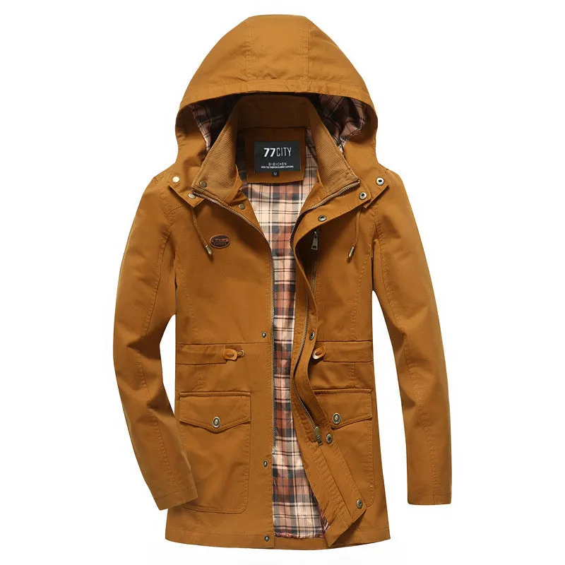 Military style mid length jacket in khaki with cardigan front and polyester fibre fabric