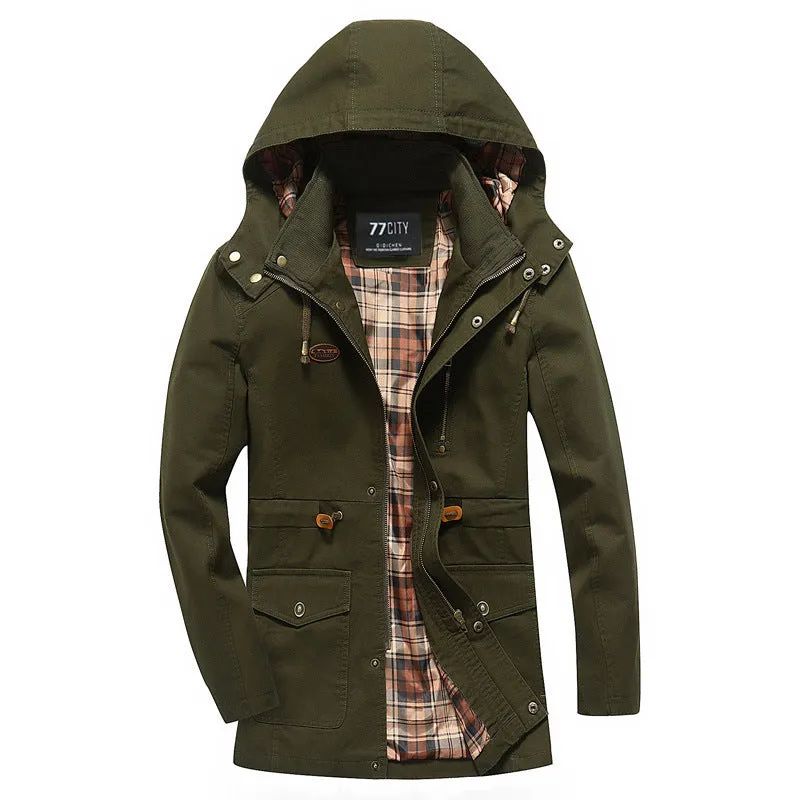 Military style mid length jacket in khaki with cardigan front and polyester fibre fabric