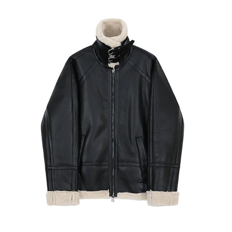 Men's black PU leather jacket with padded collar, front zip, and long sleeves on a model