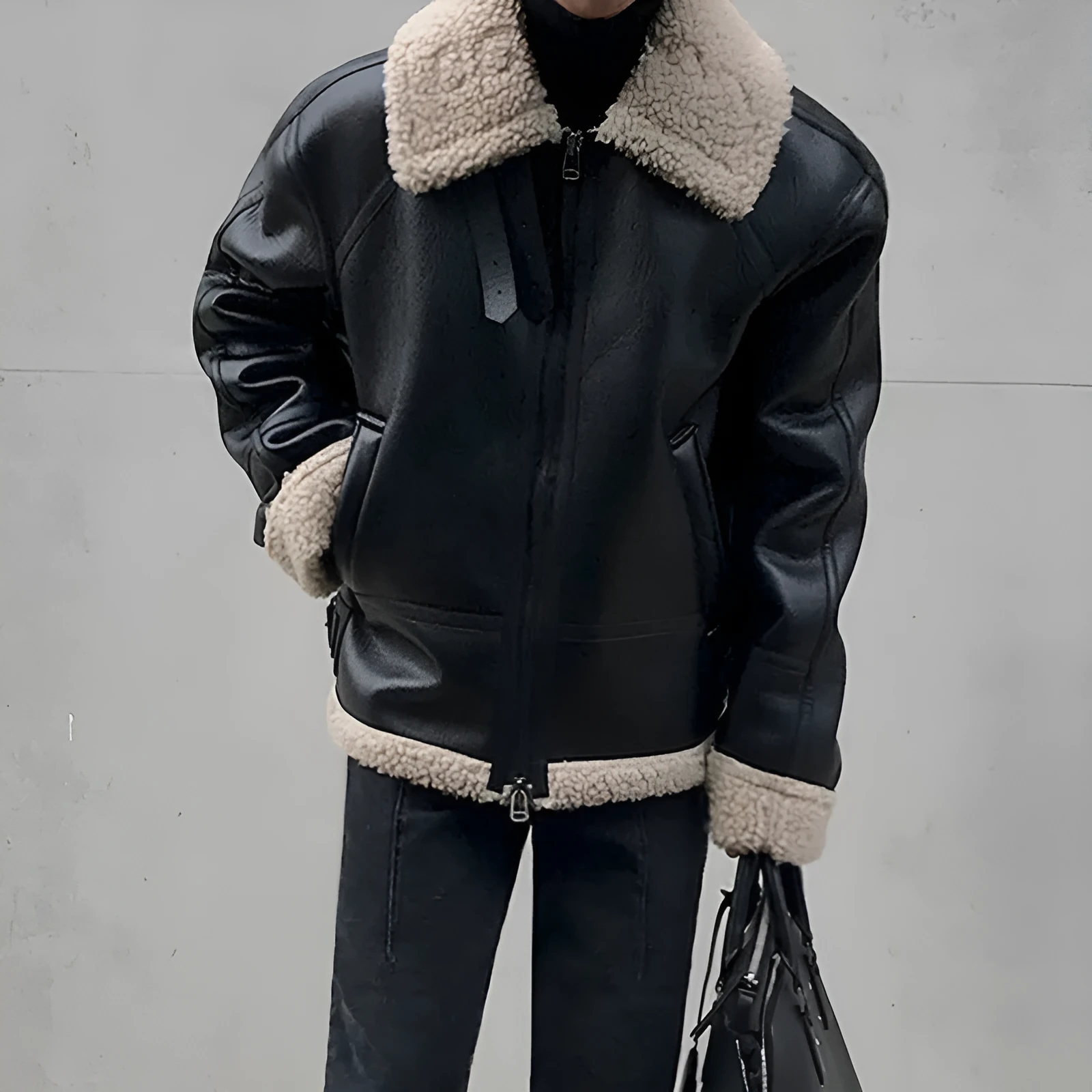 Men's black PU leather jacket with padded collar, front zip, and long sleeves on a model
