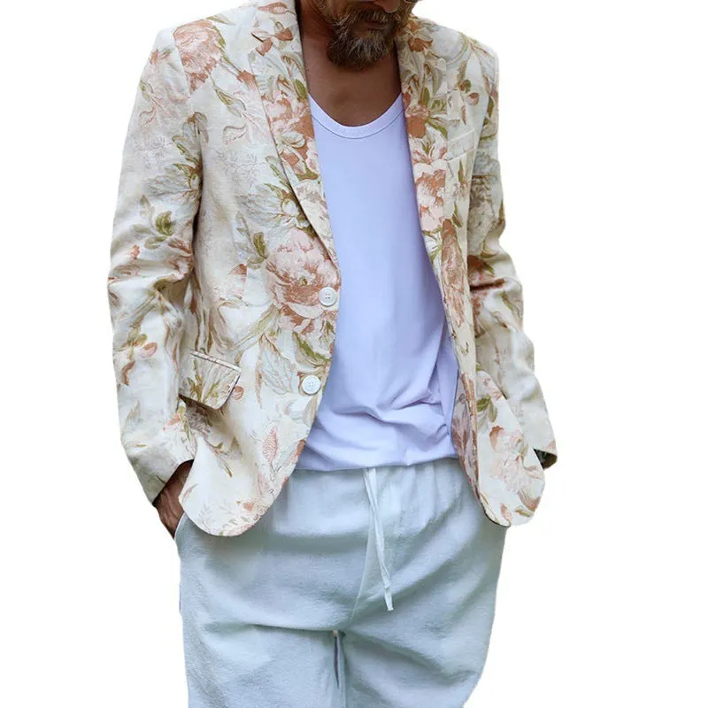 White casual fashion printing suit for men with long sleeves and polyester fabric, shown on model