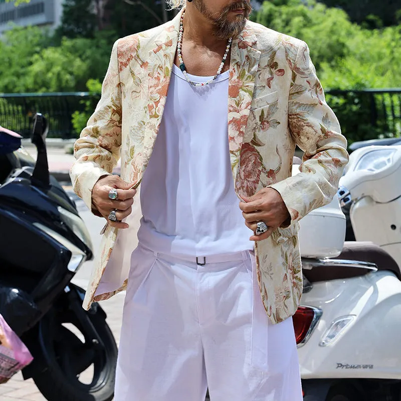 White casual fashion printing suit for men with long sleeves and polyester fabric, shown on model