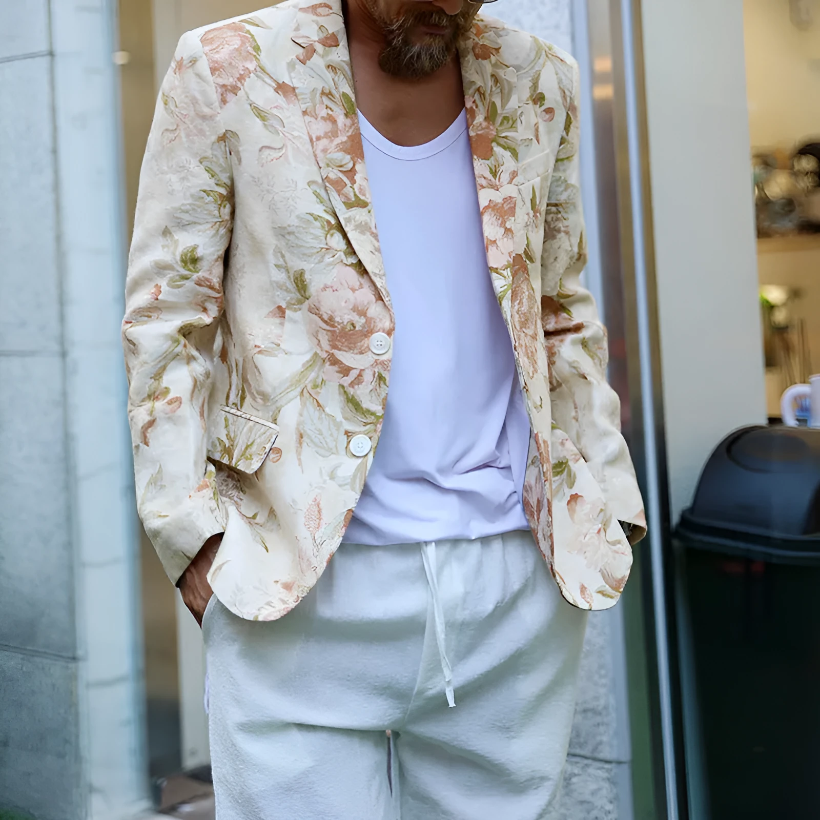 White casual fashion printing suit for men with long sleeves and polyester fabric, shown on model