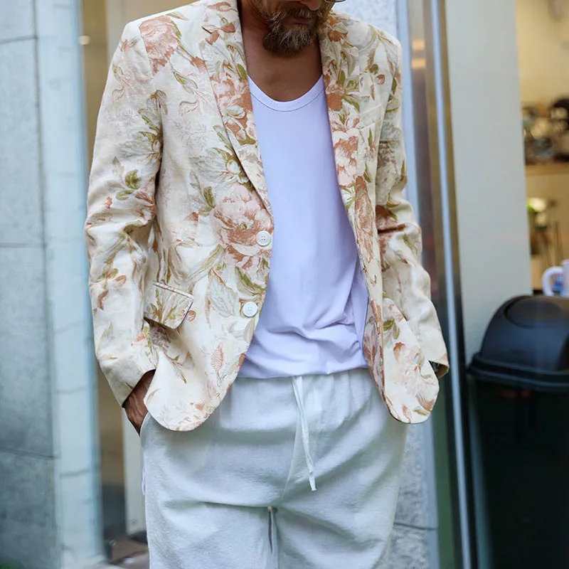 White casual fashion printing suit for men with long sleeves and polyester fabric, shown on model