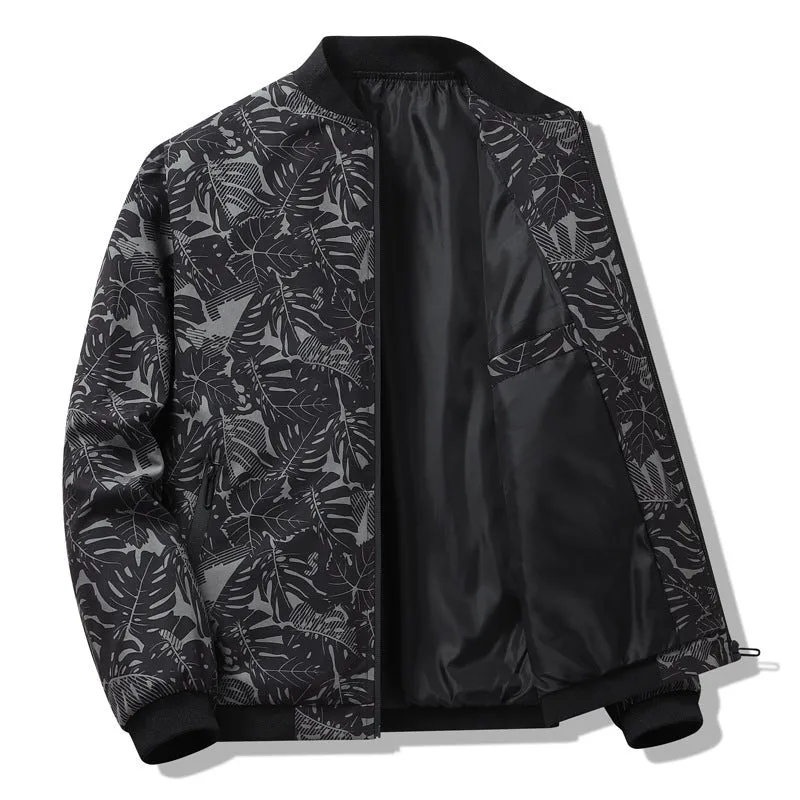 Men's autumn casual jacket with floral pattern in polyester fibre, available in grey, black, white, and blue, sizes M to 4XL