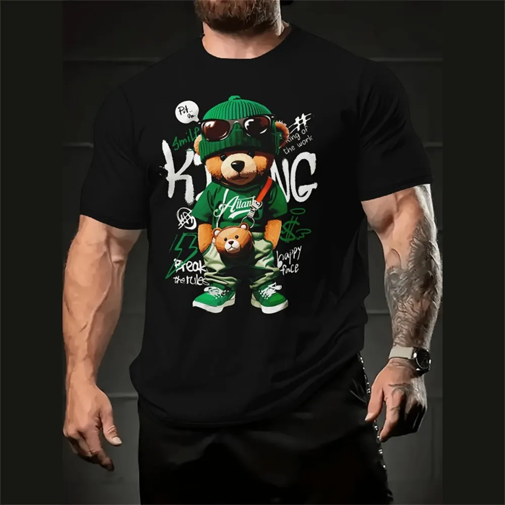 Men's loose casual short sleeve shirt with 3D cartoon print in milk silk fabric.