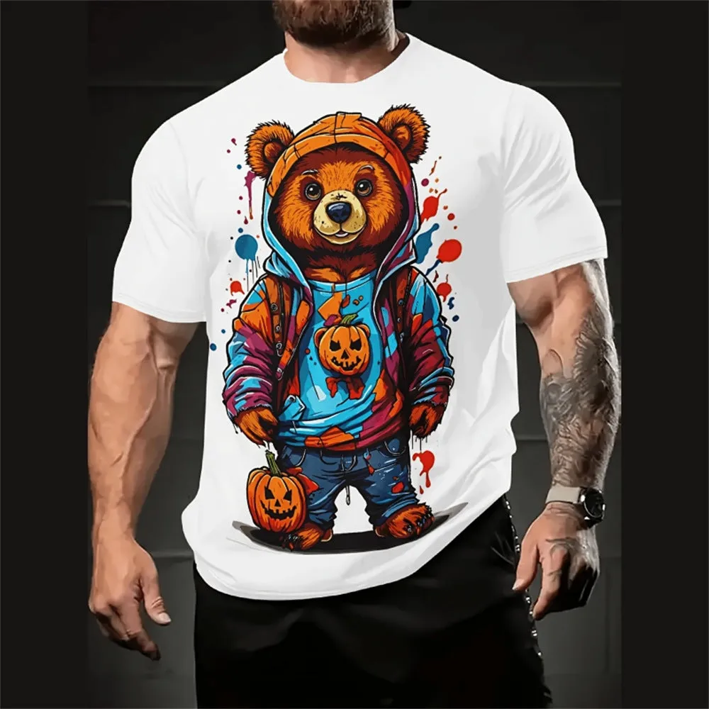 Men's loose casual short sleeve shirt with 3D cartoon print in milk silk fabric.