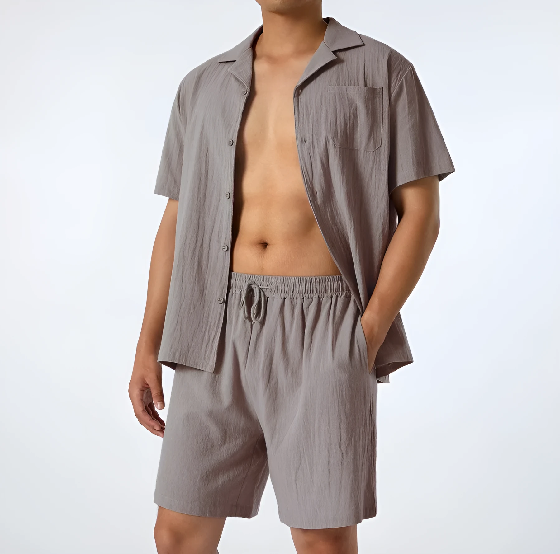 Men's loose fit casual shirt two-piece set in polyester, shown in black, size M