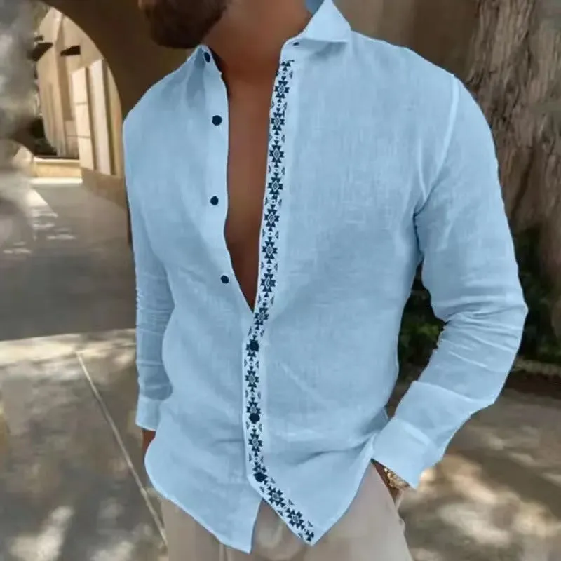 Lapel button cotton printed men's shirt in emerald green with long sleeves
