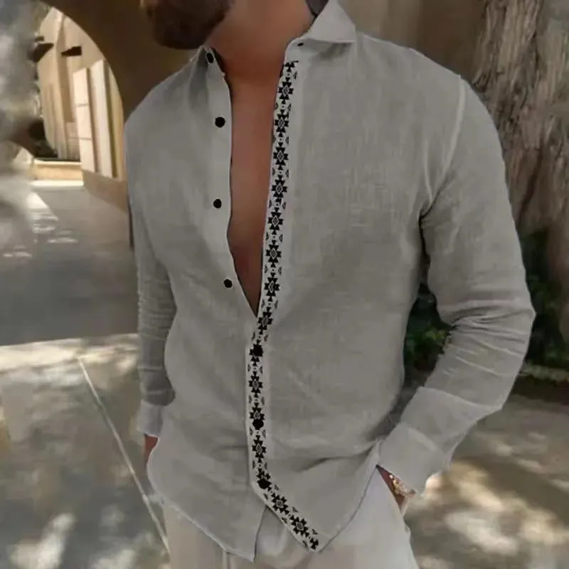 Lapel button cotton printed men's shirt in emerald green with long sleeves