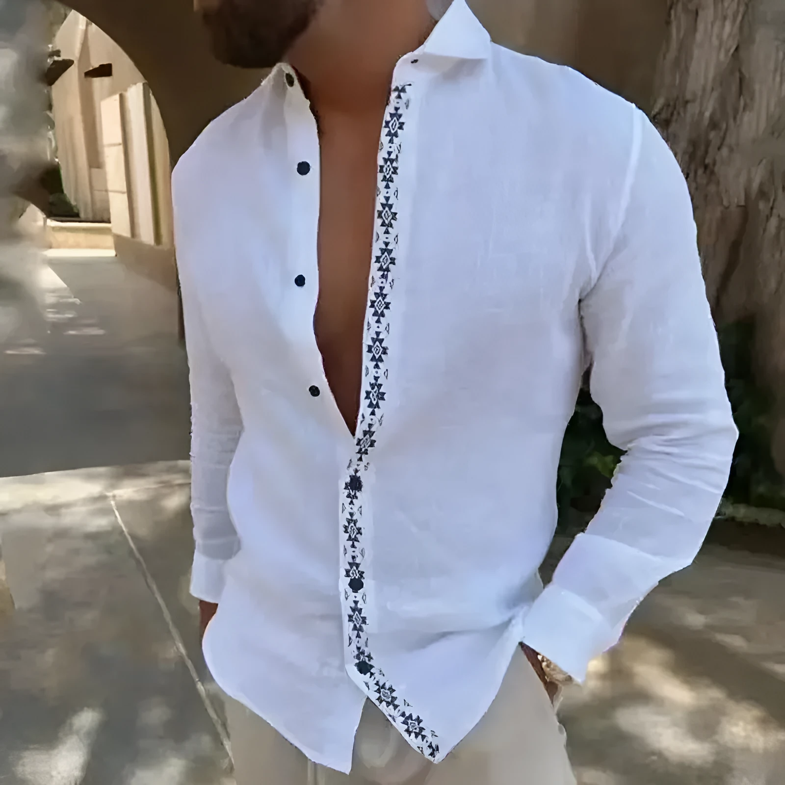 Lapel button cotton printed men's shirt in emerald green with long sleeves