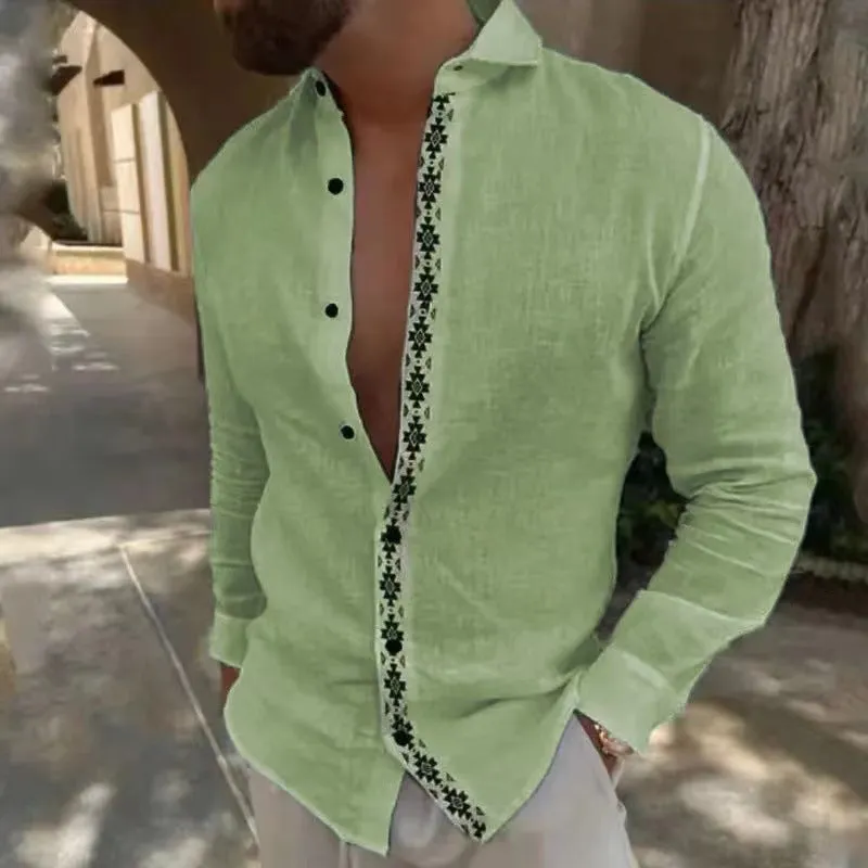 Lapel button cotton printed men's shirt in emerald green with long sleeves