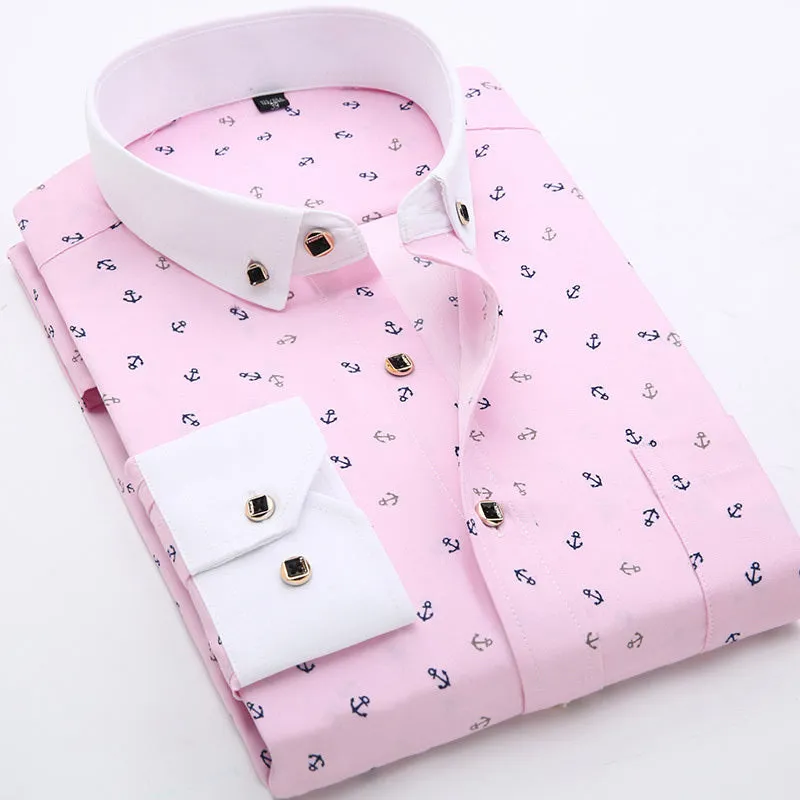Men's GOSERFONDO slim fit Oxford shirt with floral pattern, square collar, and pocket detail in spring colours