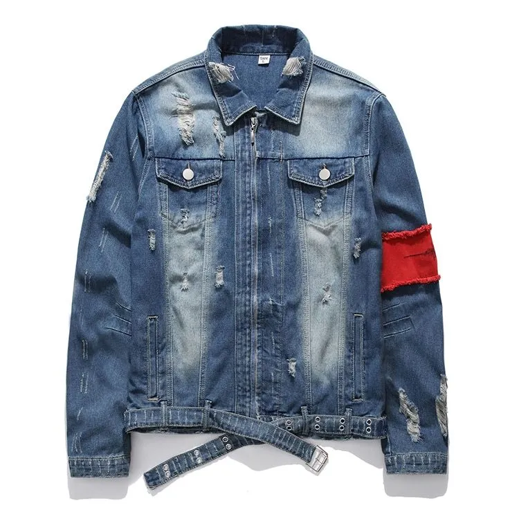 Blue embroidered cotton denim jacket for women on model, showing decorative stitching on front panels
