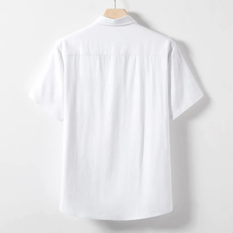 Men's loose lapel short sleeve t-shirt in hemp blend linen fabric, shown in solid colour.