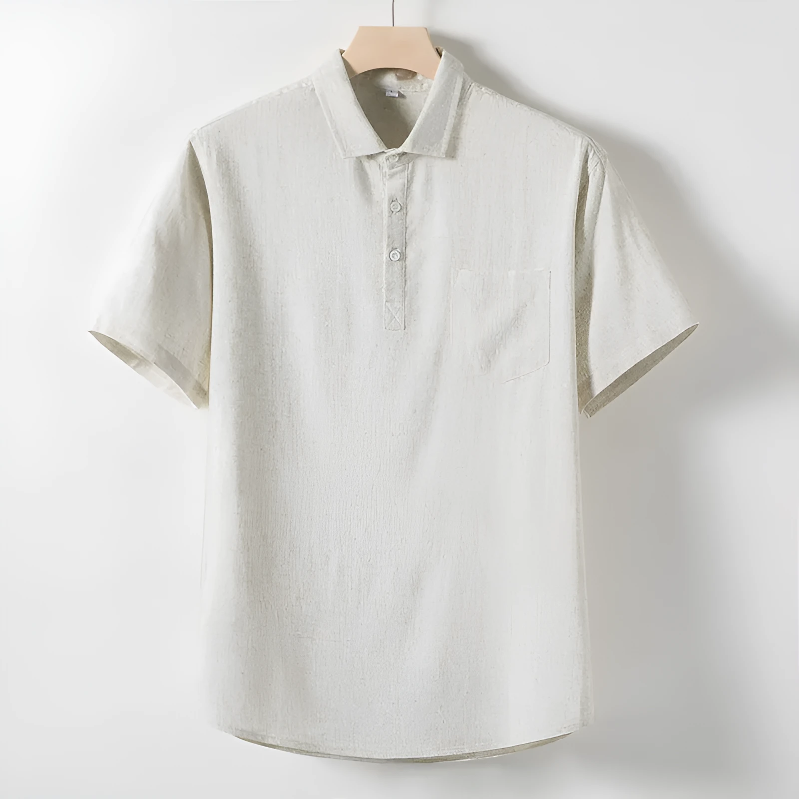 Men's loose lapel short sleeve t-shirt in hemp blend linen fabric, shown in solid colour.