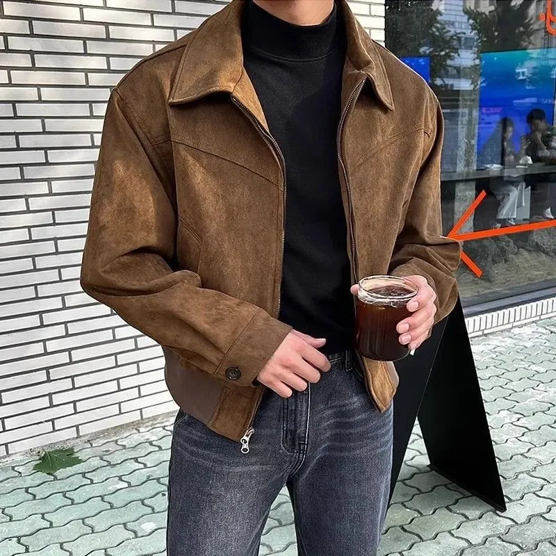Short jacket with loose lapels in brown suede-style fabric, front view, on a plain background.