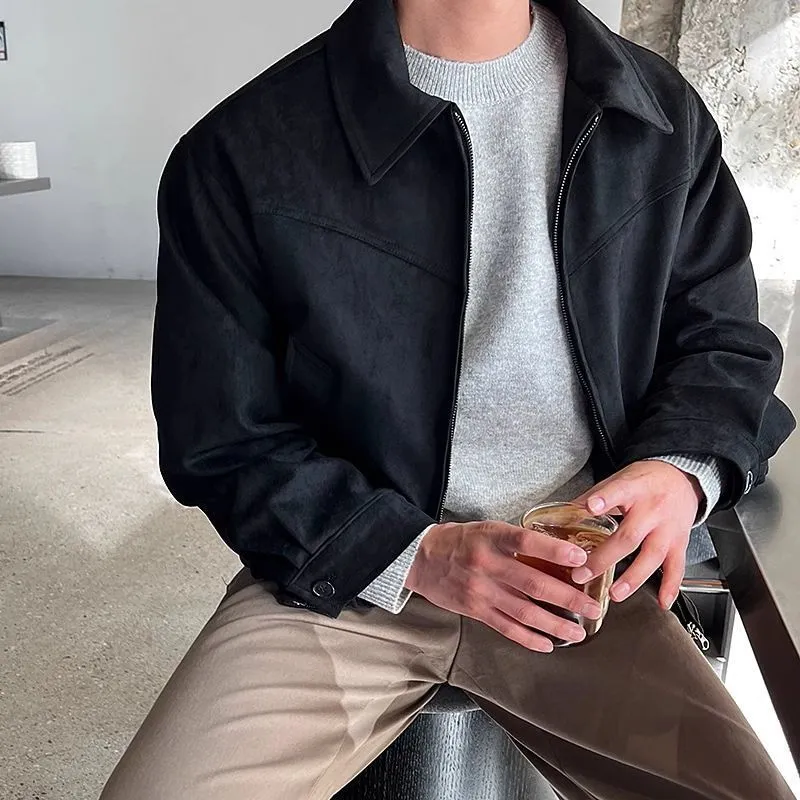 Short jacket with loose lapels in brown suede-style fabric, front view, on a plain background.