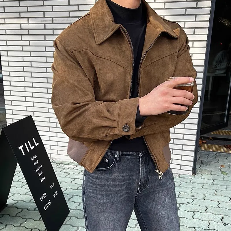 Short jacket with loose lapels in brown suede-style fabric, front view, on a plain background.