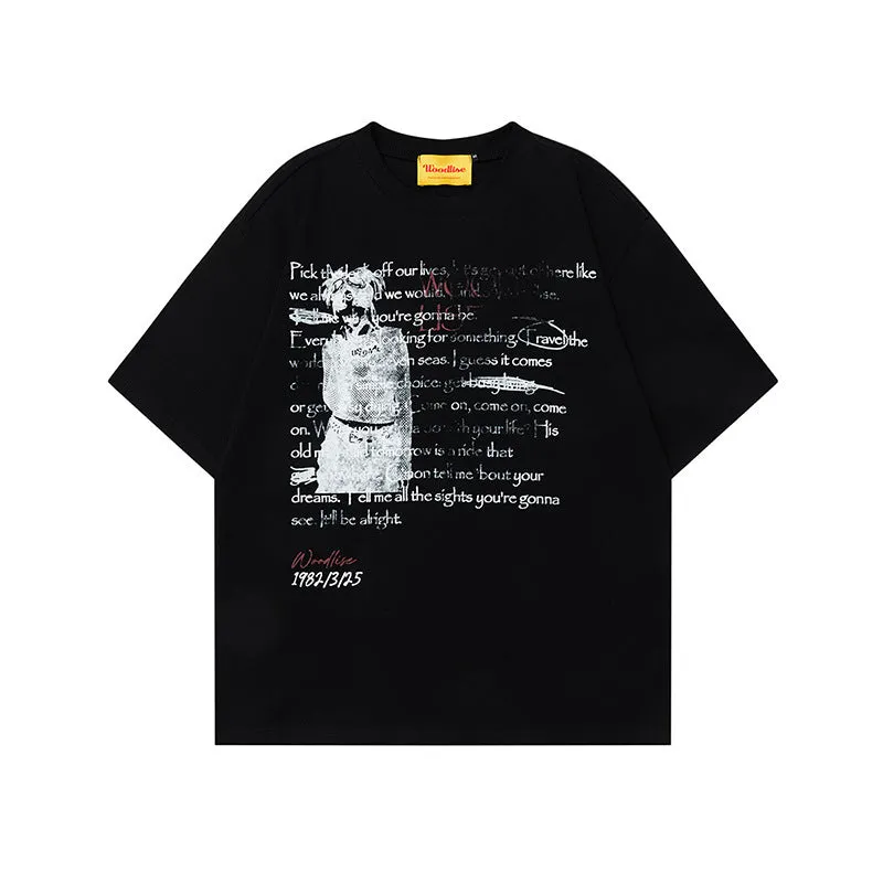Men's black retro loose fit cotton t-shirt with white printed letters and raglan sleeves.