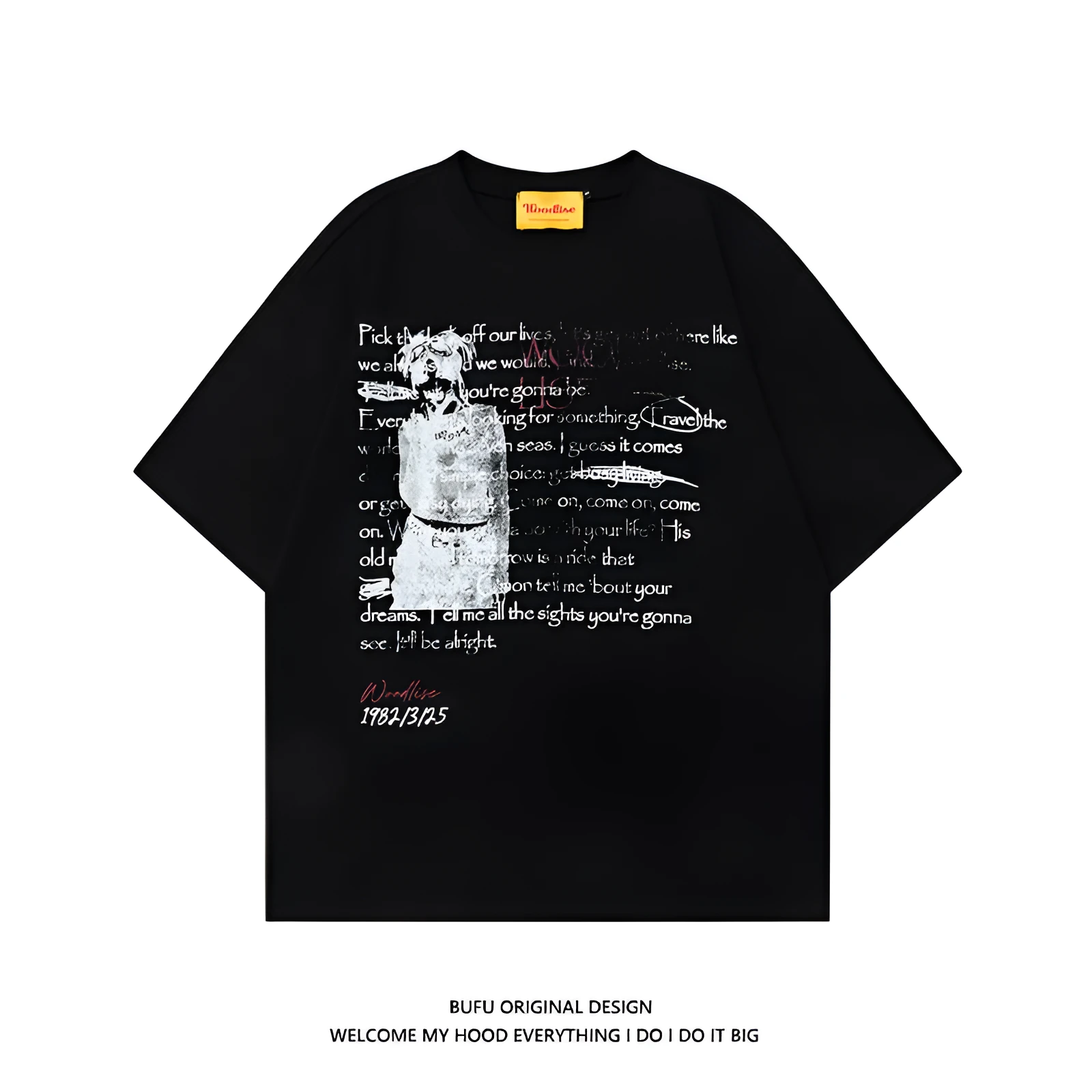 Men's black retro loose fit cotton t-shirt with white printed letters and raglan sleeves.
