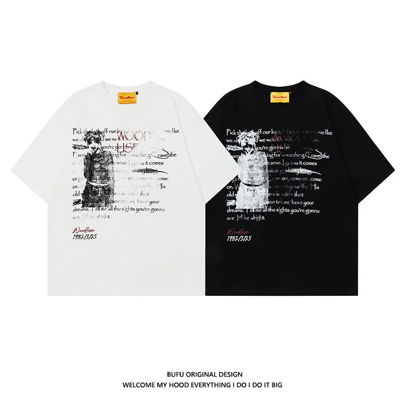 Men's black retro loose fit cotton t-shirt with white printed letters and raglan sleeves.