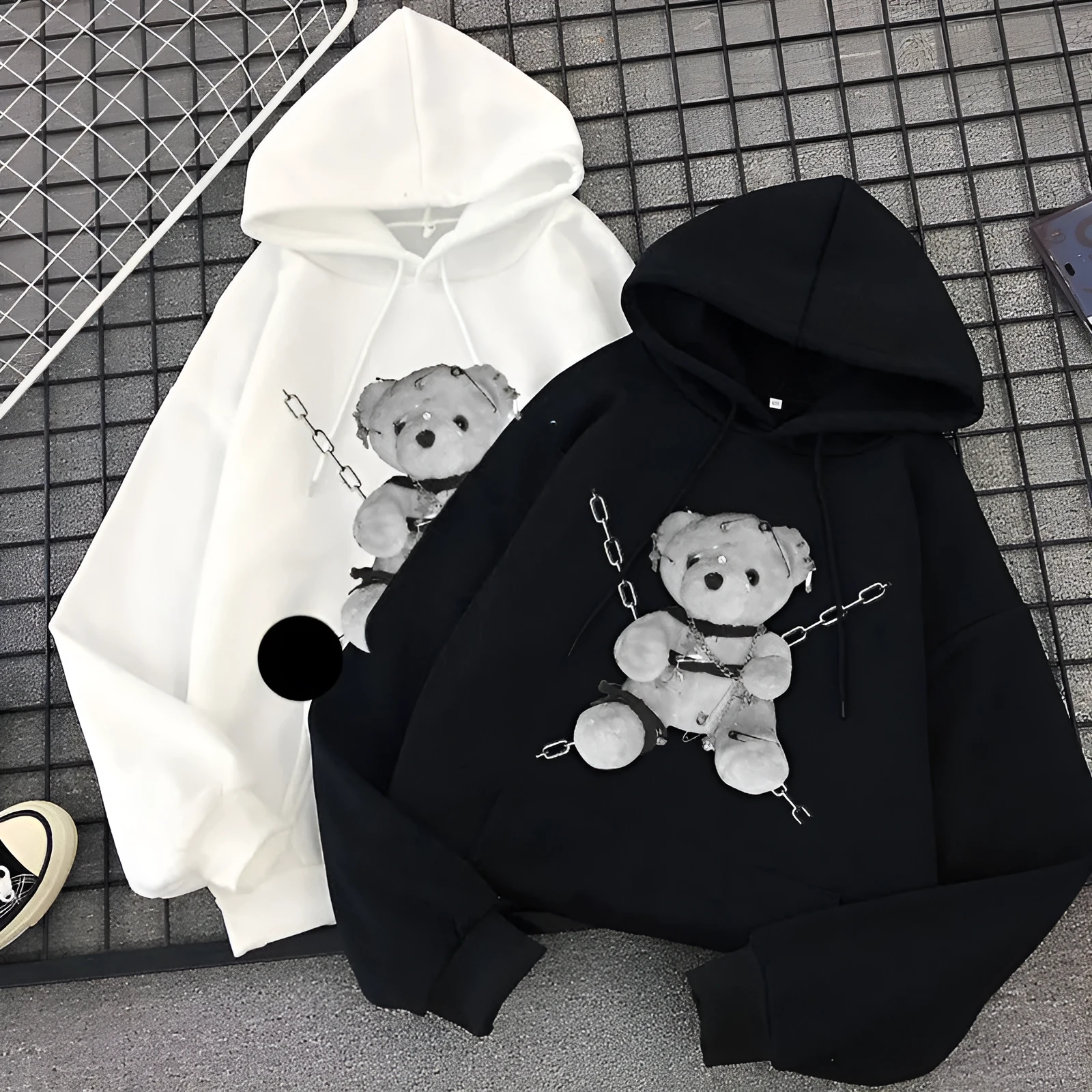 Black womens Japanese gothic print cotton hoodie sweatshirt front view