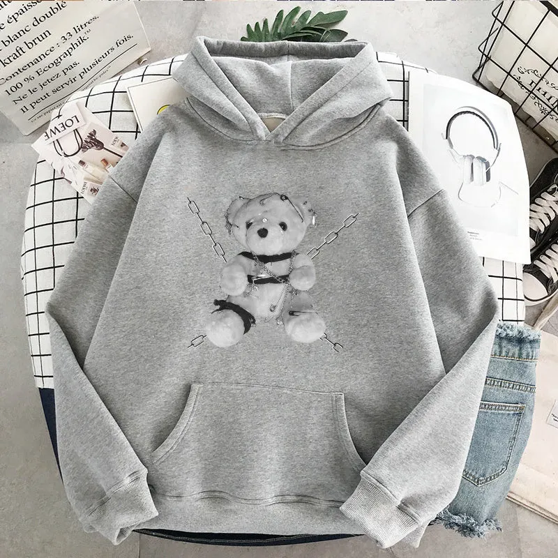 Black womens Japanese gothic print cotton hoodie sweatshirt front view