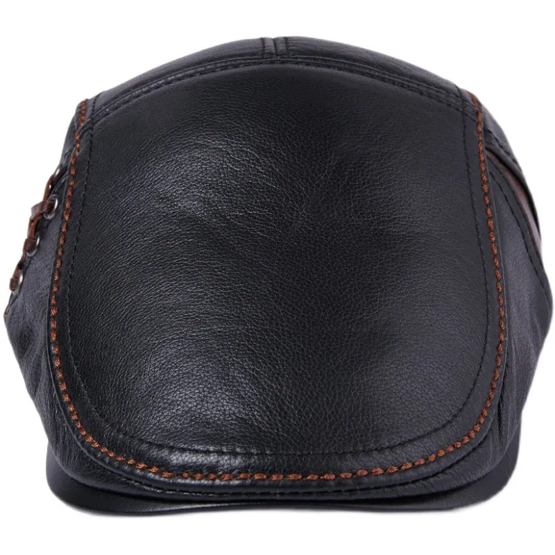 Men's genuine cowhide leather beret hat with dome crown and short brim in black, light brown and dark brown sizes L to XXL