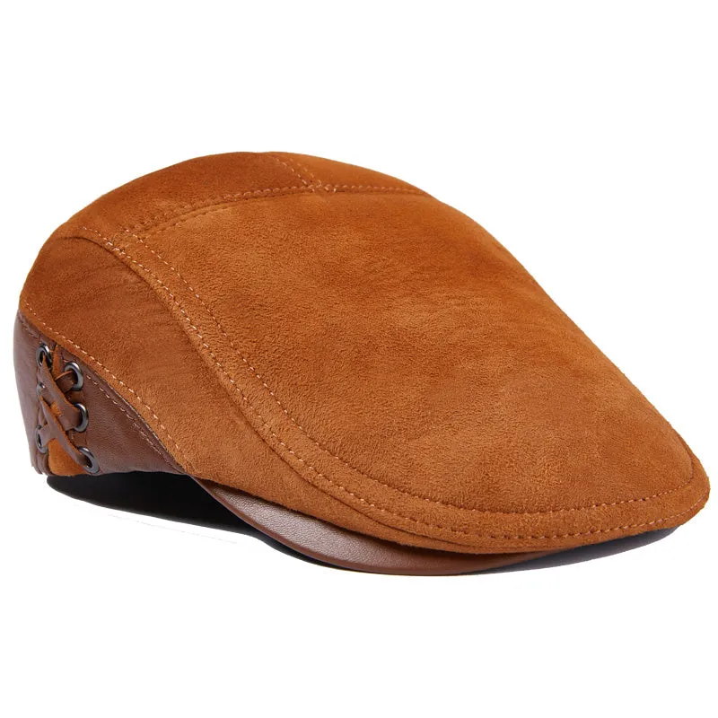 Men's genuine cowhide leather beret hat with dome crown and short brim in black, light brown and dark brown sizes L to XXL