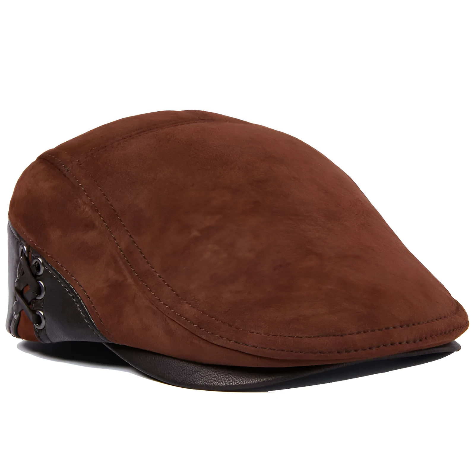 Men's genuine cowhide leather beret hat with dome crown and short brim in black, light brown and dark brown sizes L to XXL