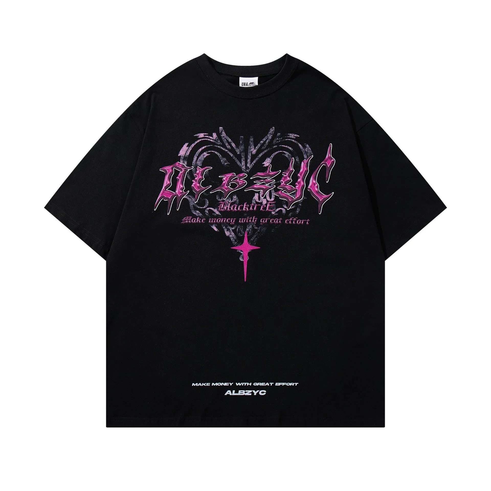 Men's black cotton t-shirt with printed design showing loose fit and short sleeves