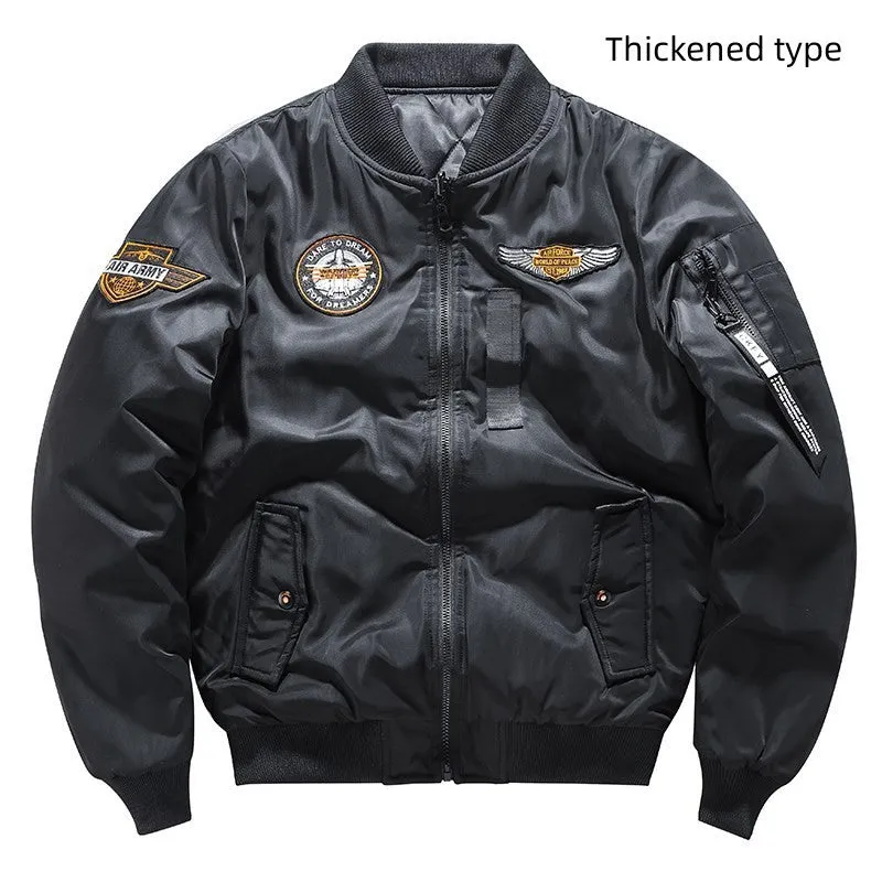 Men's flight suit pilot baseball jacket in army green with zipper pockets, front view