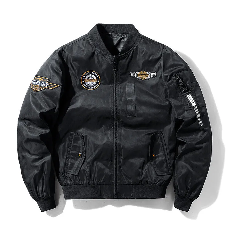 Men's flight suit pilot baseball jacket in army green with zipper pockets, front view