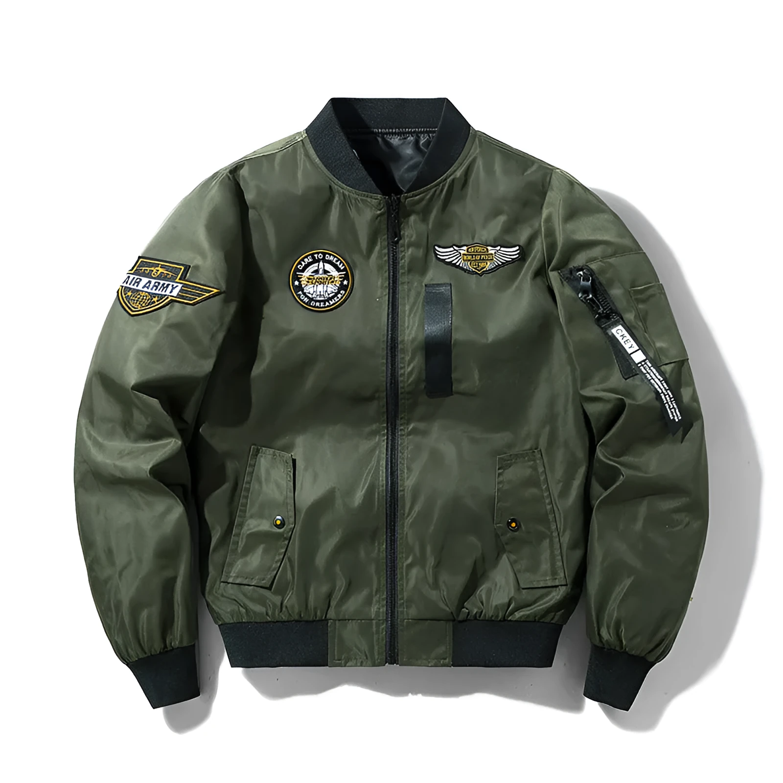 Men's flight suit pilot baseball jacket in army green with zipper pockets, front view