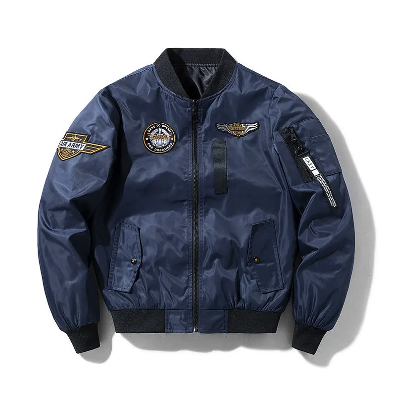 Men's flight suit pilot baseball jacket in army green with zipper pockets, front view