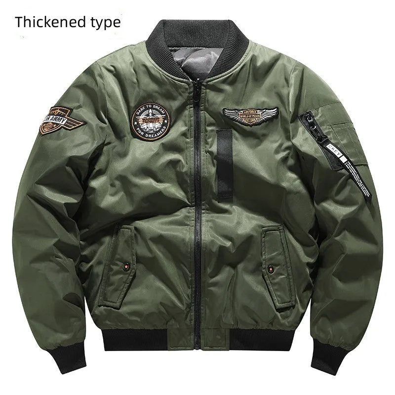 Men's flight suit pilot baseball jacket in army green with zipper pockets, front view