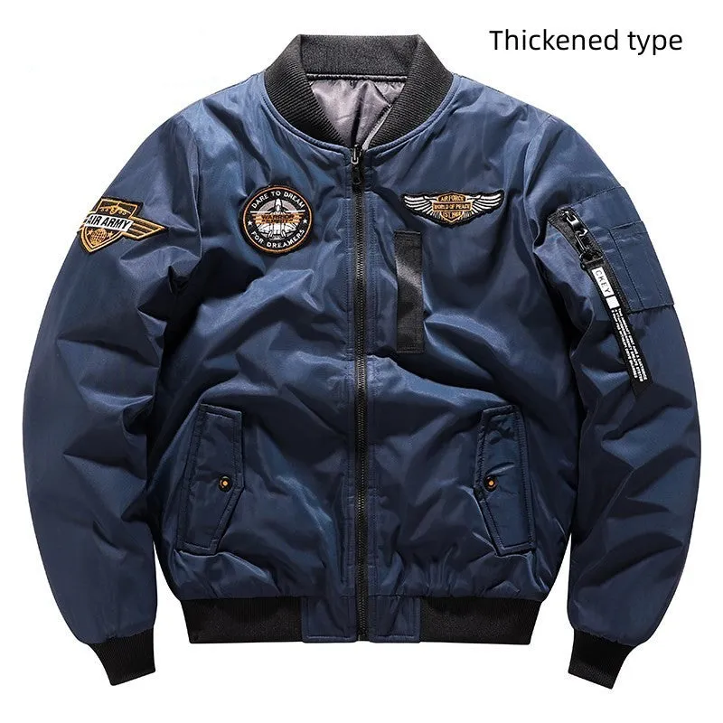 Men's flight suit pilot baseball jacket in army green with zipper pockets, front view