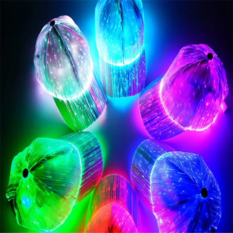 White unisex luminous baseball cap with fiber optic fabric LED glow against dark background