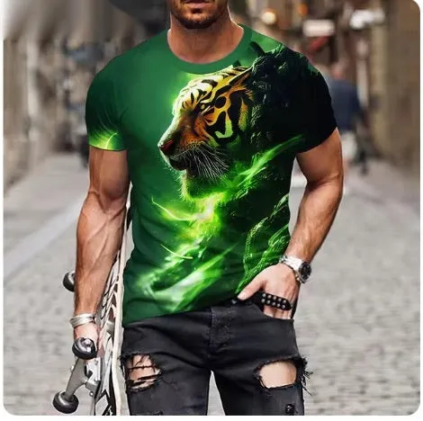 Men's 3D lion printed polyester t-shirt showing detailed graphic design on front