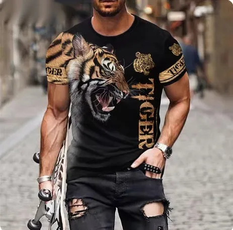 Men's 3D lion printed polyester t-shirt showing detailed graphic design on front