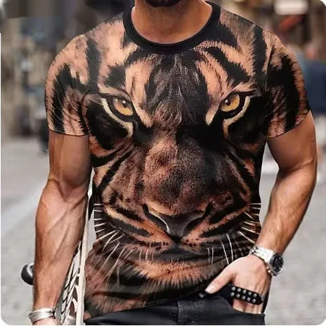 Men's 3D lion printed polyester t-shirt showing detailed graphic design on front