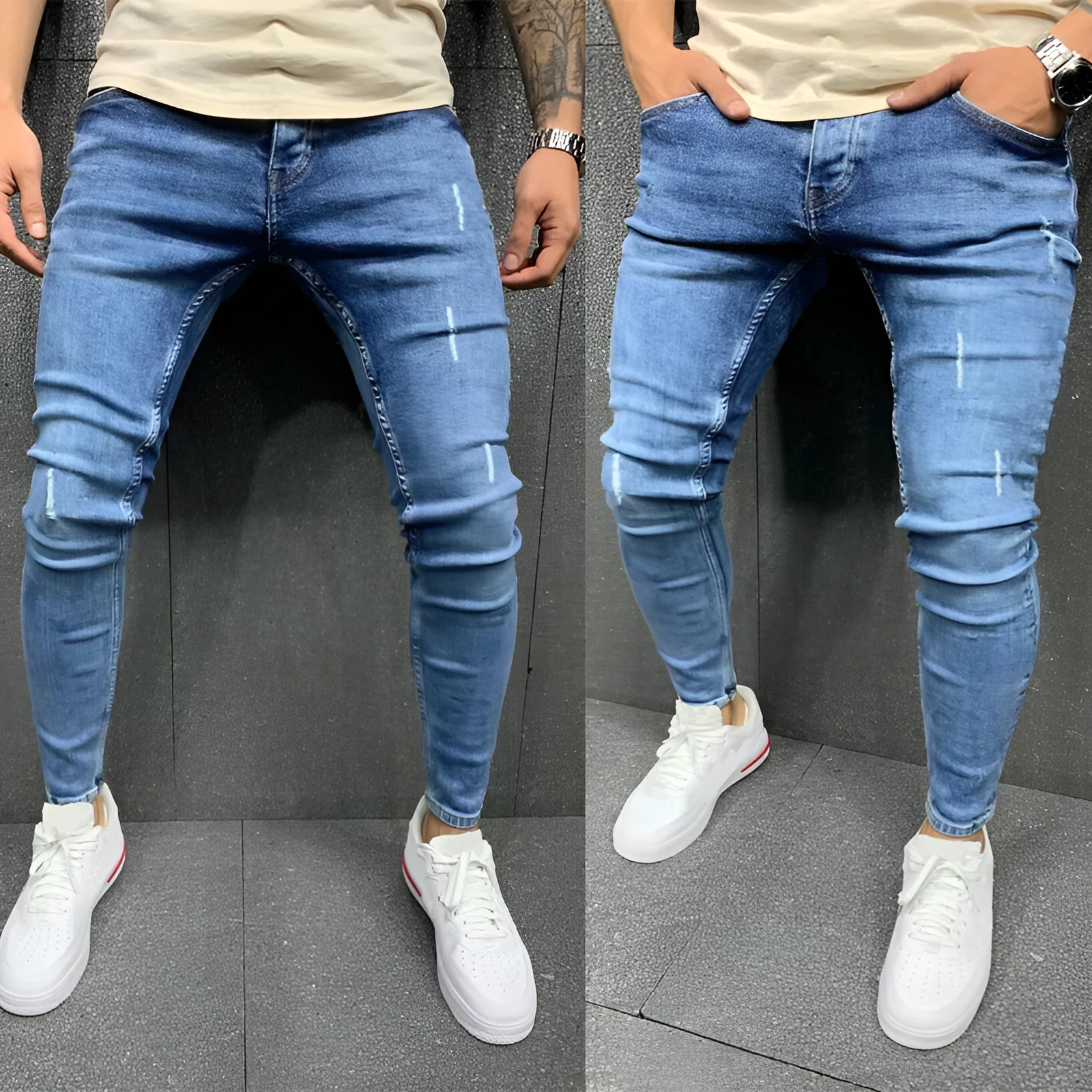 Men's blue ripped stretch denim jeans mid-waist trousers size options S to XXXL