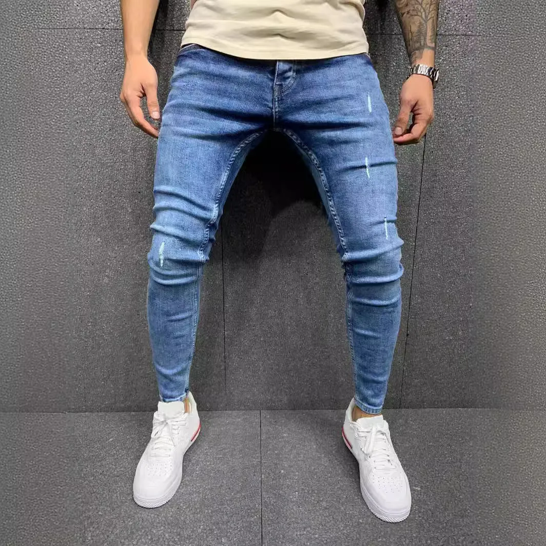 Men's blue ripped stretch denim jeans mid-waist trousers size options S to XXXL