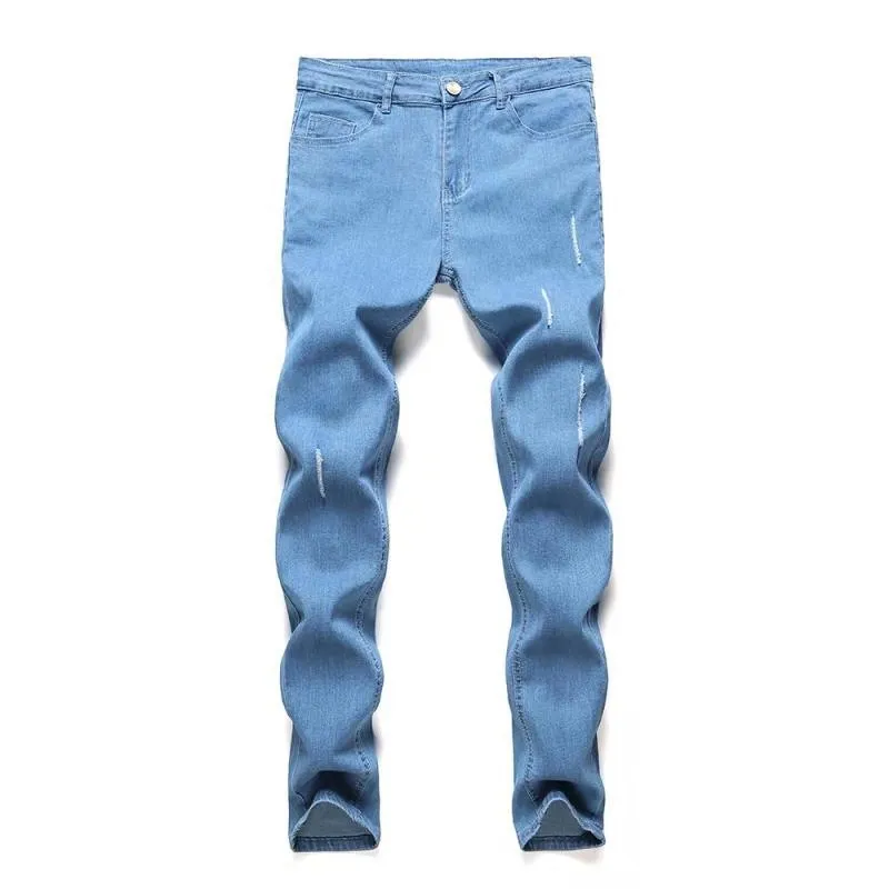 Men's blue ripped stretch denim jeans mid-waist trousers size options S to XXXL