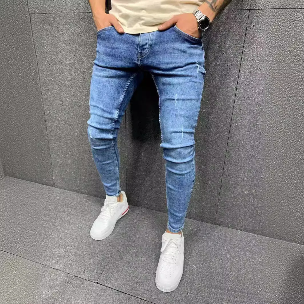 Men's blue ripped stretch denim jeans mid-waist trousers size options S to XXXL